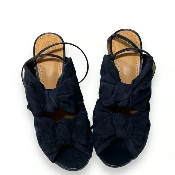 Tory Burch Eleanor 105mm Suede Bow Knot Heeled Sandals in Navy Blue Size 8.5 - Picture 2 of 9